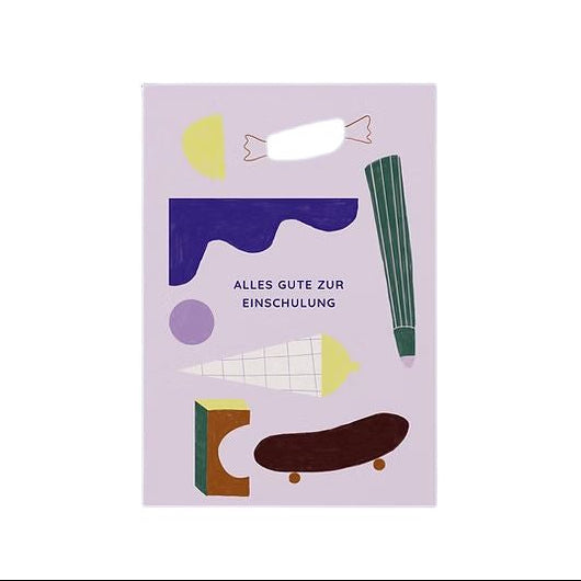 „Alles Gute zur Einschulung" von Anna Beddig Design, fliederfarbener Hintergrund mit abstrakter Illustration und Schriftzug in verspielter Handschrift, DIN A6