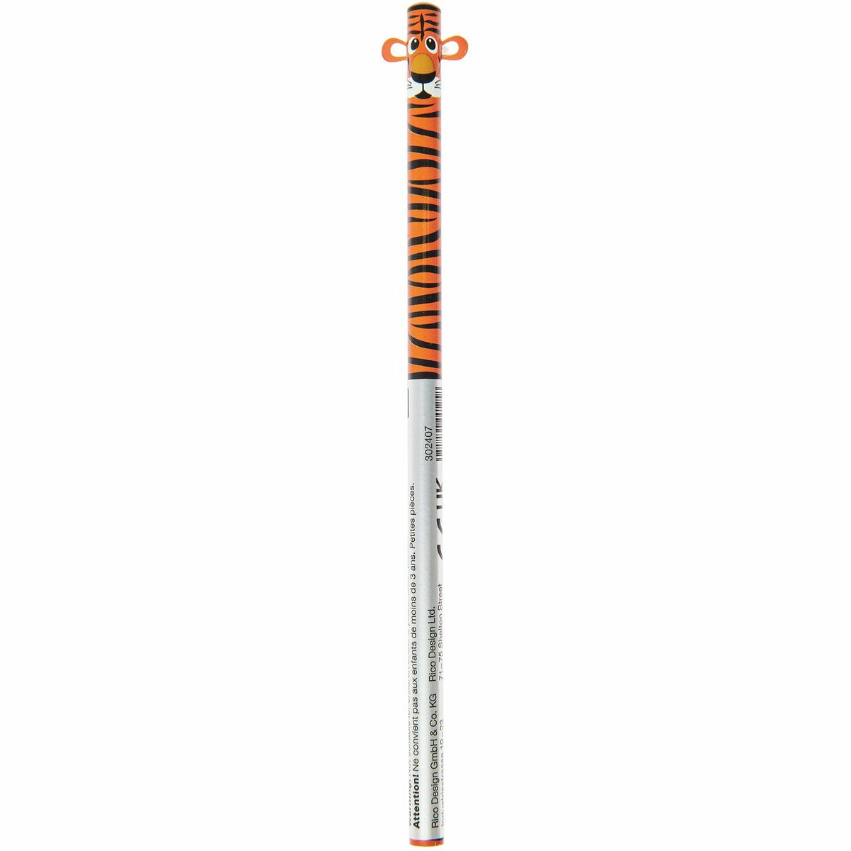 Orange-schwarz gestreifter Tiger-Bleistift von Rico Design mit Tigermuster und 3D-Tigerkopf am oberen Ende, Seitenansicht
