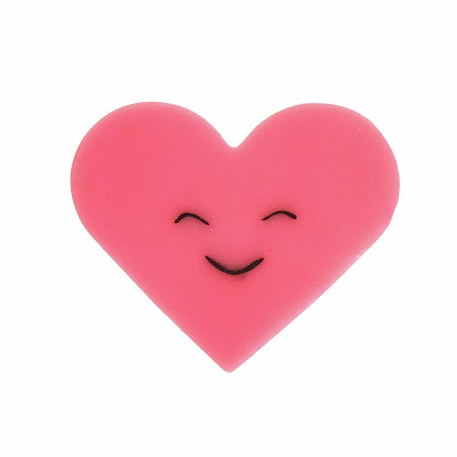Herzförmiger Radiergummi Chingu von Paper Poetry in Neonpink mit lächelndem Gesicht, Vorderansicht