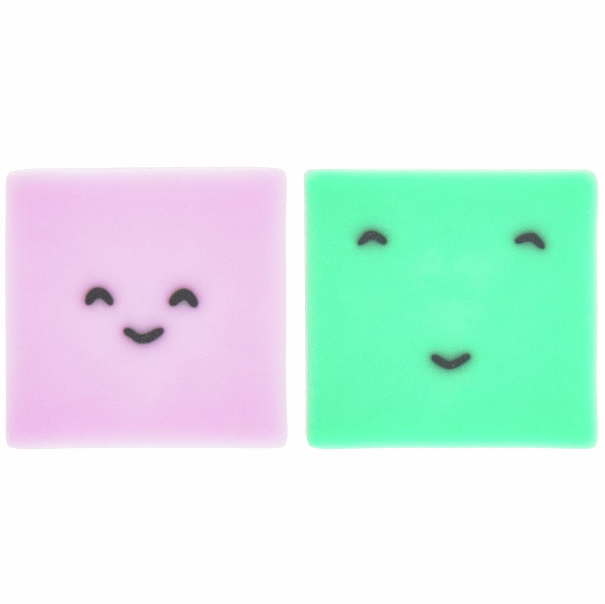 Zwei würfelförmige Chingu Radiergummis von Paper Poetry - rosa (Pink Bunny) und mint-grün (Frog) mit Tiergesichtern