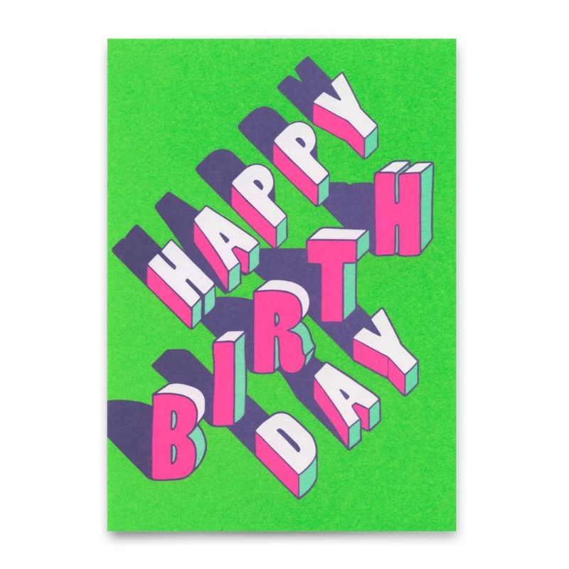 Postkarte mit plastisch wirkendem 3D-Schriftzug "Happy Birthday" in Pink, Weiß und Mint auf leuchtend grünem Hintergrund