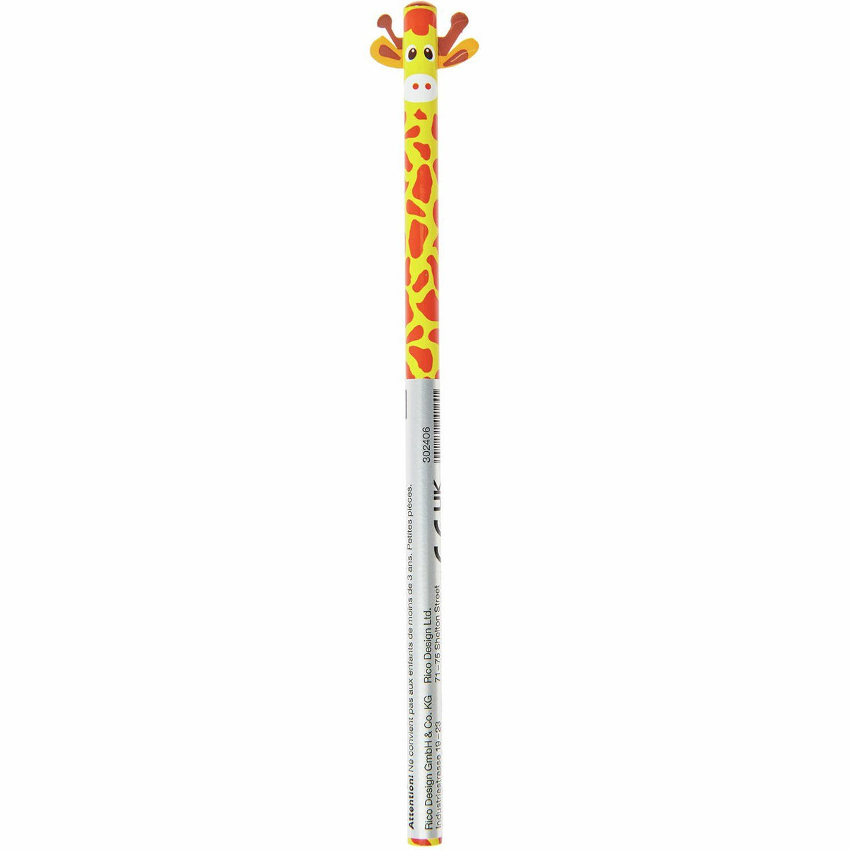 Gelb-oranger Giraffe-Bleistift von Rico Design mit Giraffenmuster und 3D-Giraffenkopf am oberen Ende, Seitenansicht