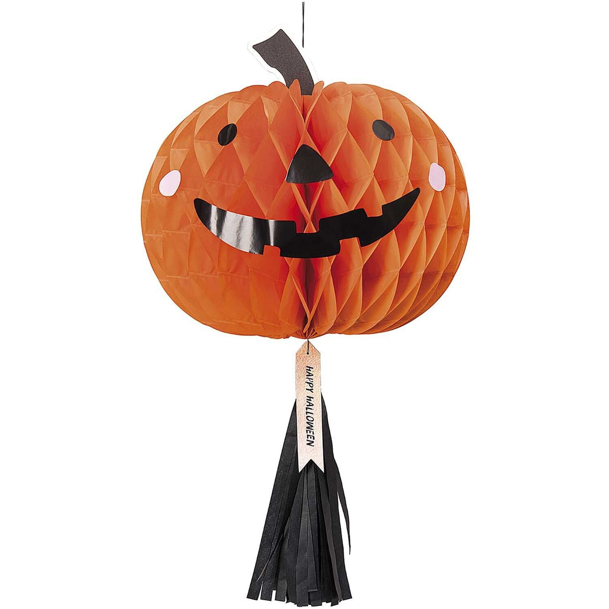 Orangefarbene Kürbis-Wabenfigur aus Papier mit langer Quaste und irisierenden Details als Halloween-Dekoration.