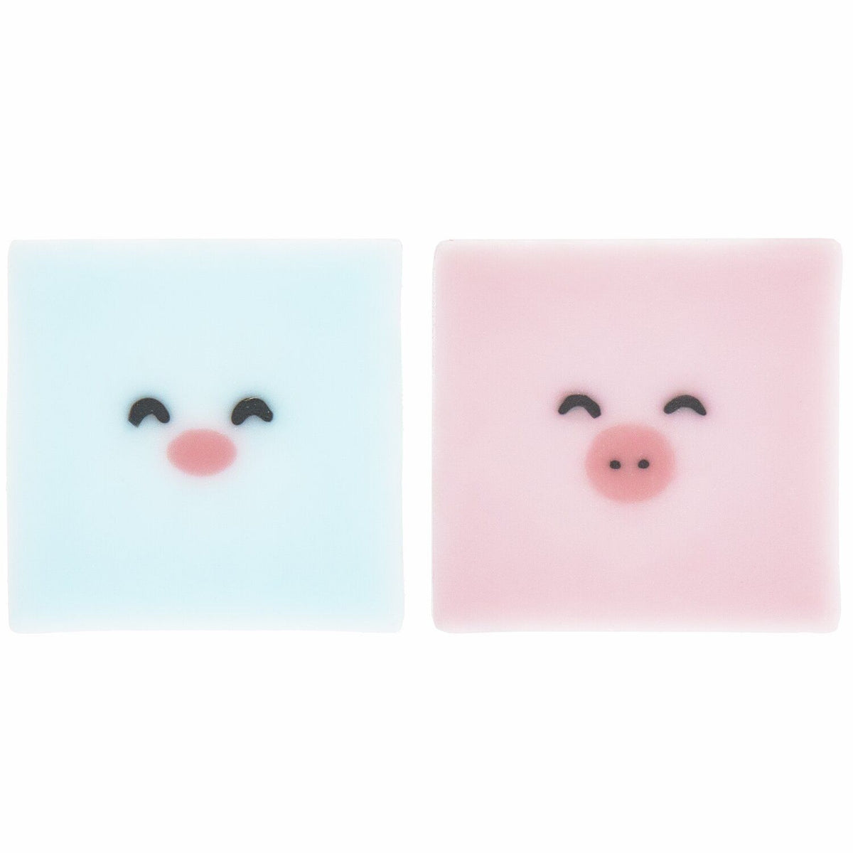 Zwei würfelförmige Chingu Radiergummis von Paper Poetry - hellblau (Blue Bird) und rosa (Piglet) mit Tiergesichtern