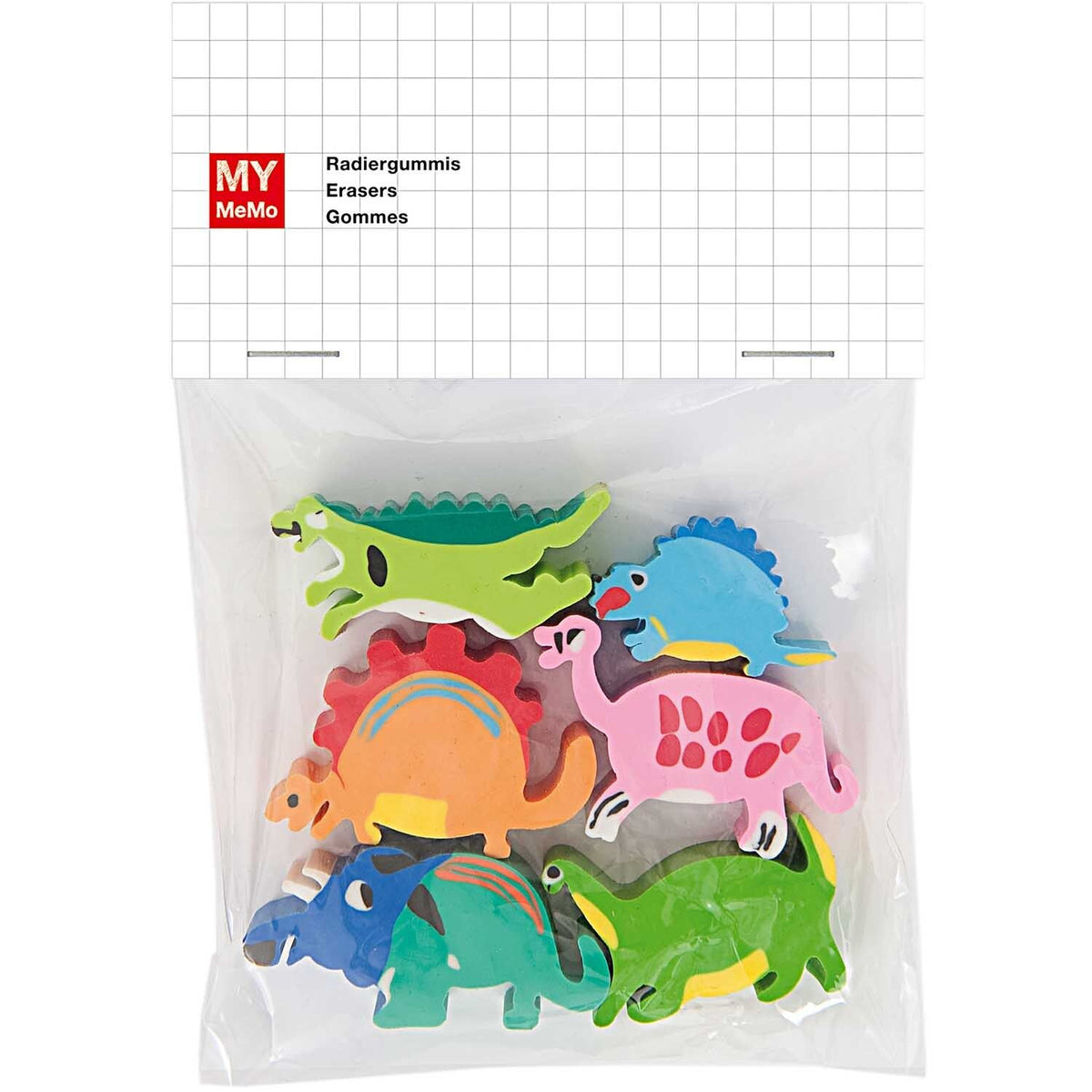 Sechs bunte Dinosaurier-Radiergummis von Rico Design in verschiedenen Formen und Farben, verpackt in einer transparenten Tüte