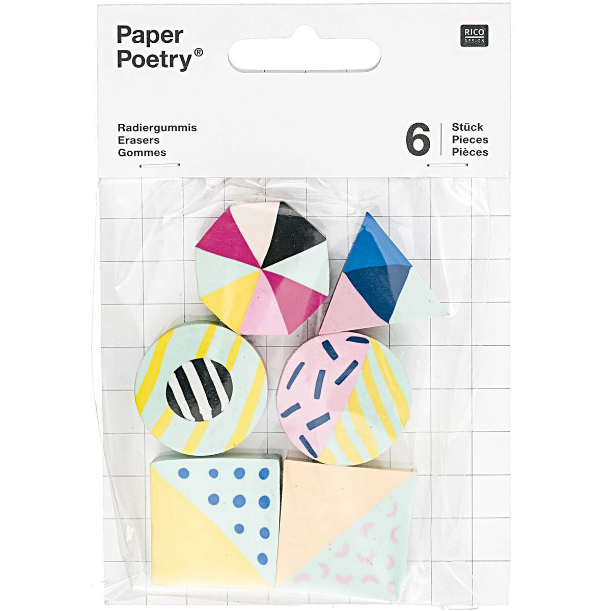 Sechs Radiergummis in geometrischen Formen mit grafischen Mustern in Pastell- und Erdtönen von Paper Poetry, verpackt in einer transparenten Tüte