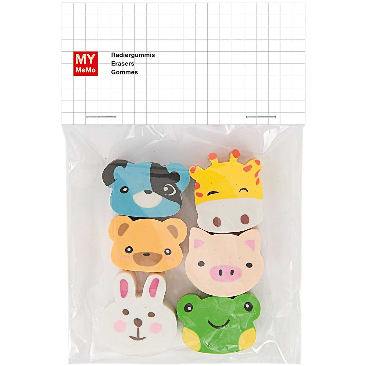 Sechs bunte Tier-Freunde Radiergummis von Rico Design - Hund, Giraffe, Bär, Schwein, Hase und Frosch - in einer transparenten Tüte