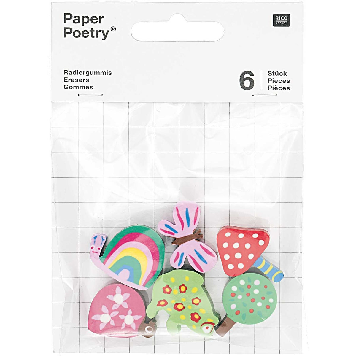 Sechs bunte Waldtiere-Radiergummis von Paper Poetry - Pilz, Igel, Schmetterling, Schnecke, Frosch und Baum - in einer transparenten Tüte